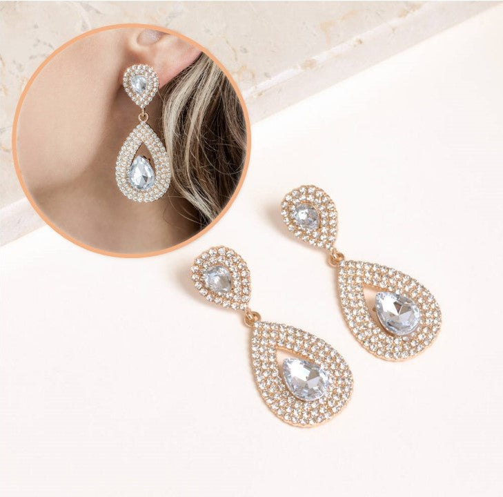 Crystal Double Teardrop Earrings In Gold Colour- Women jewelry SP004