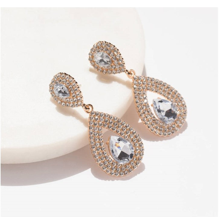 Crystal Double Teardrop Earrings In Gold Colour- Women jewelry SP004