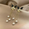 Cubic Zirconia Decor Butterfly & Faux Pearl Drop Earrings SP004